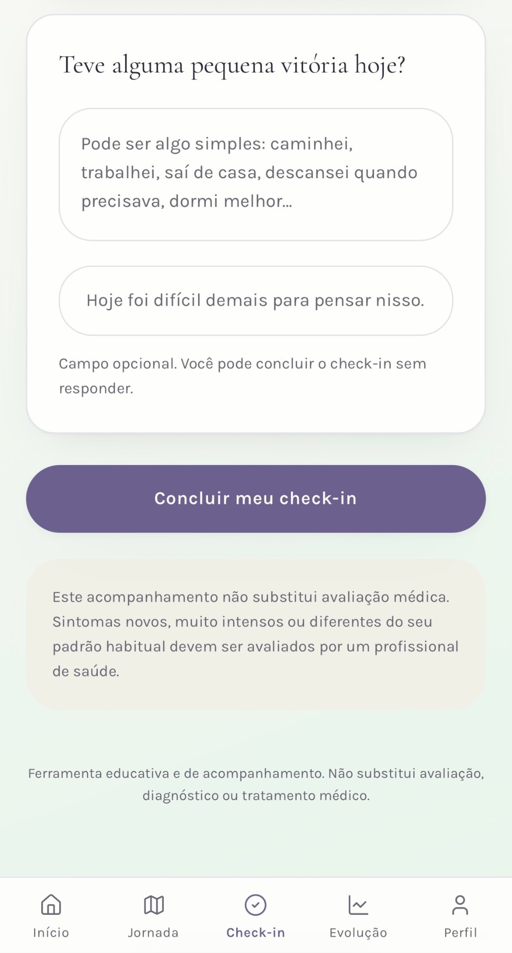 Tela de check-in do aplicativo Sagi Flow, para registrar como foi o dia