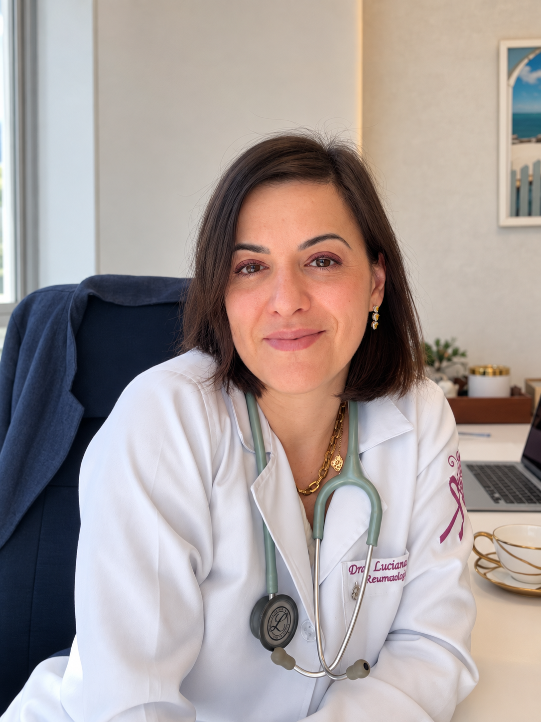 Foto da Dra. Luciana Fornari, médica reumatologista, sorrindo em seu consultório