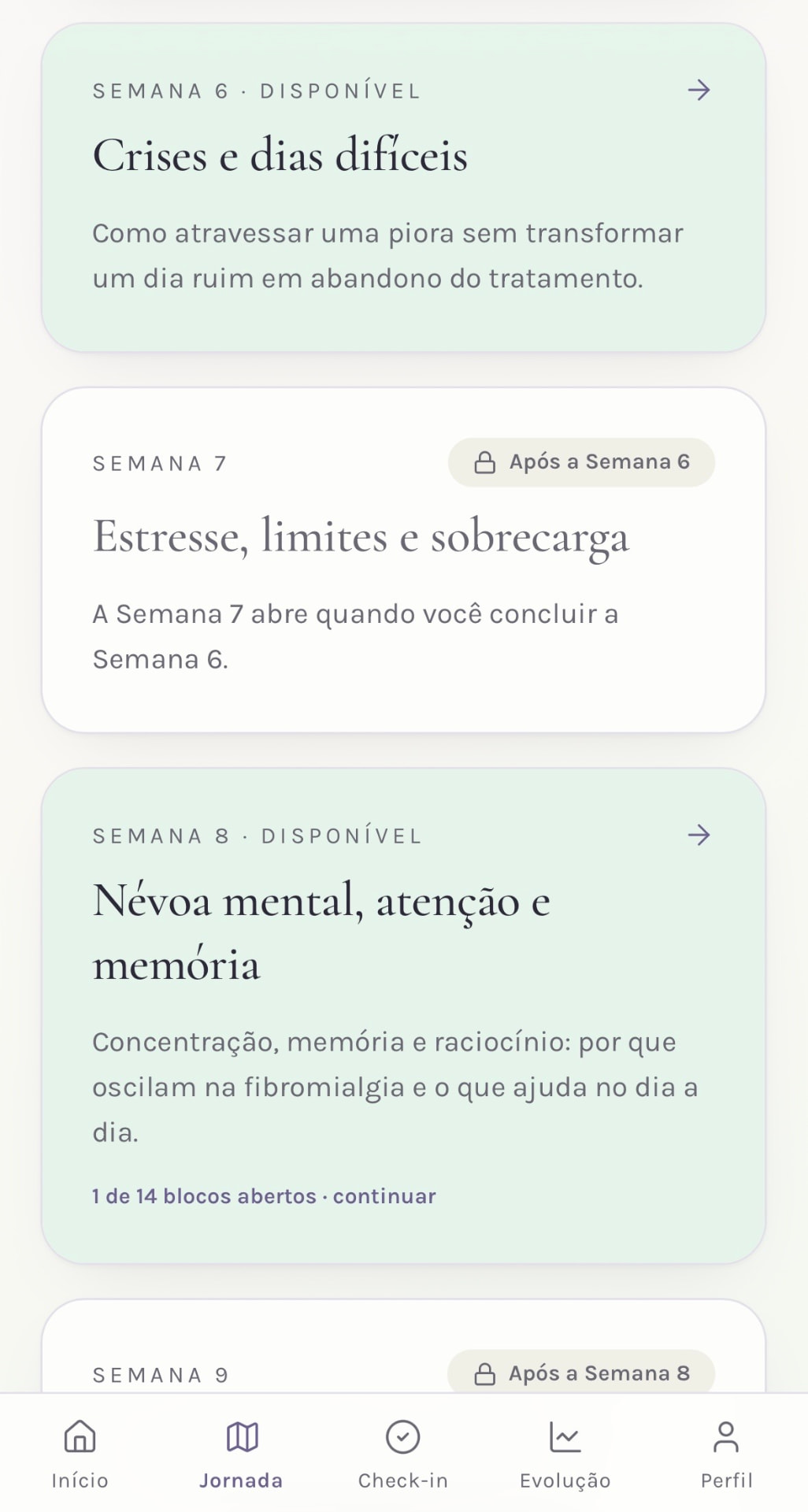 Tela do aplicativo Sagi Flow mostrando a semana sobre crises e dias difíceis