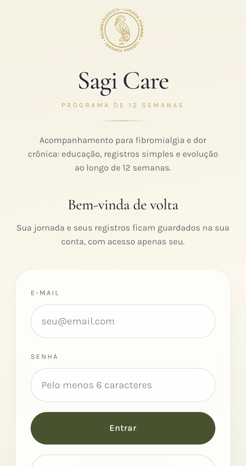 Tela de entrada do aplicativo Sagi Flow, com acesso por e-mail e senha