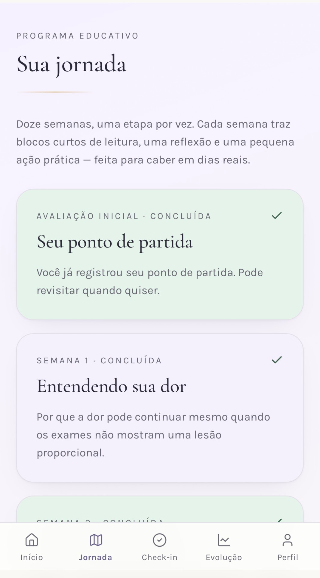 Início da jornada de 12 semanas no aplicativo Sagi Flow